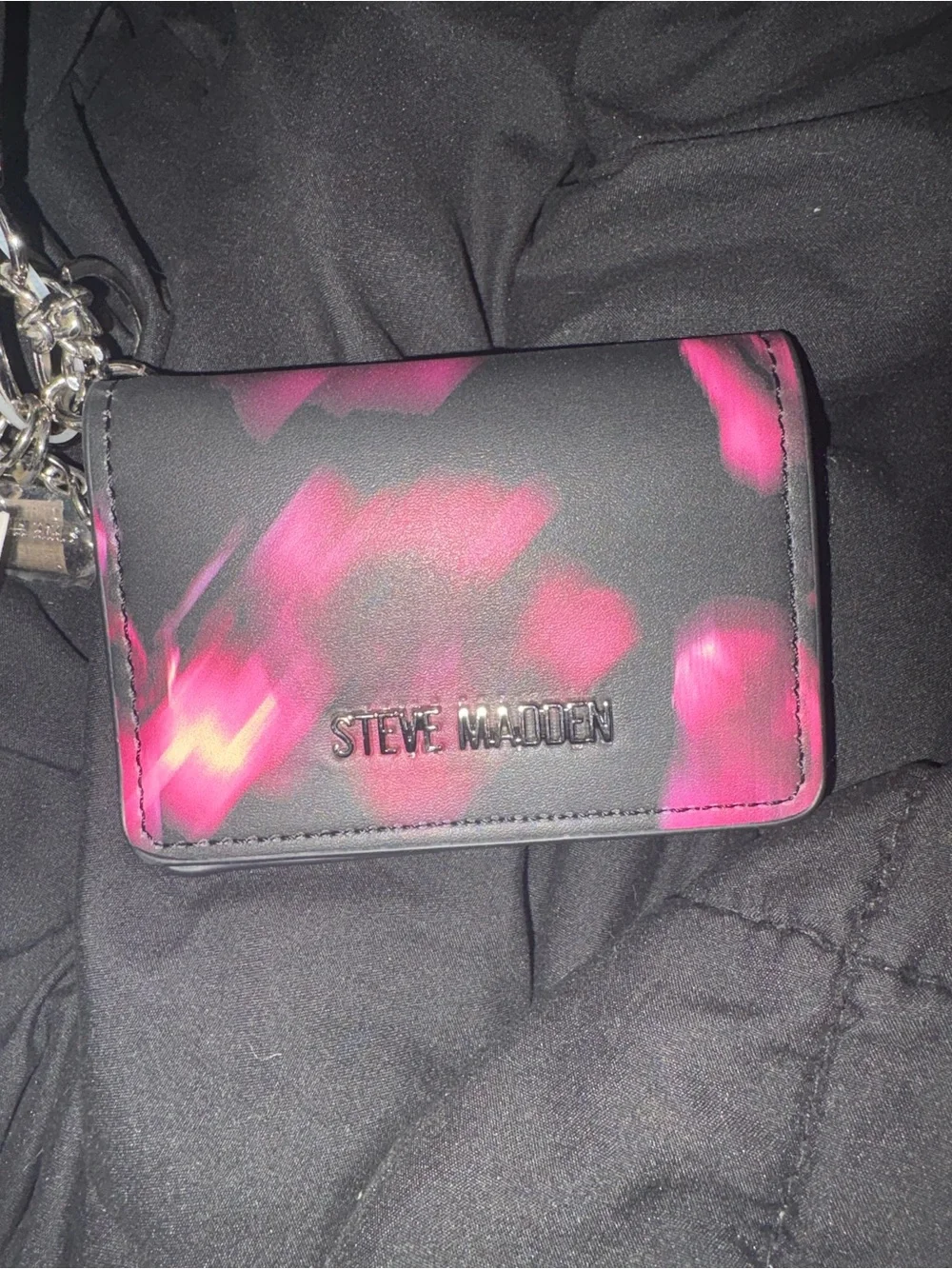 Steve Madden Black Card Wallet with Hot Pink Brushstroke Design